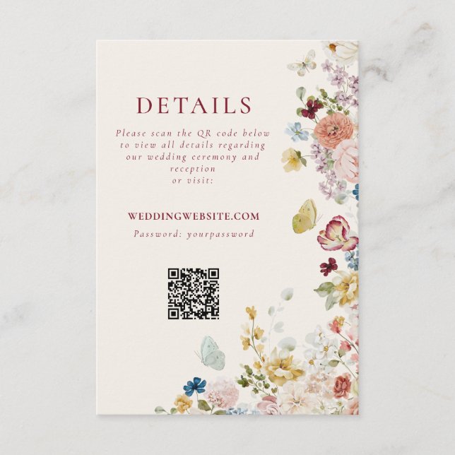 Tarjeta De Recepción Romantic Butterfly Floral Border Wedding QR Code (Anverso)