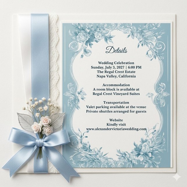 Tarjeta De Recepción Romantic French Toile Blue Florals Wedding Details (Romantic French Toile Blue Florals Wedding Details Enclosure Card)
