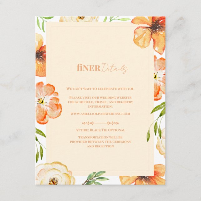 Tarjeta De Recepción Romantic Garden Peach Floral Wedding Finer Details (Anverso)