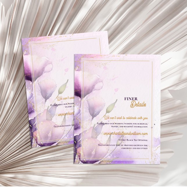 Tarjeta De Recepción Romantic Lavender Floral Gold Wedding Details (Romantic Lavender Floral Gold Wedding Details Enclosure Card)