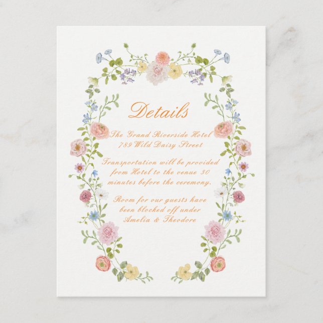 Tarjeta De Recepción Romantic Pastel Floral Wedding Details Card (Anverso)