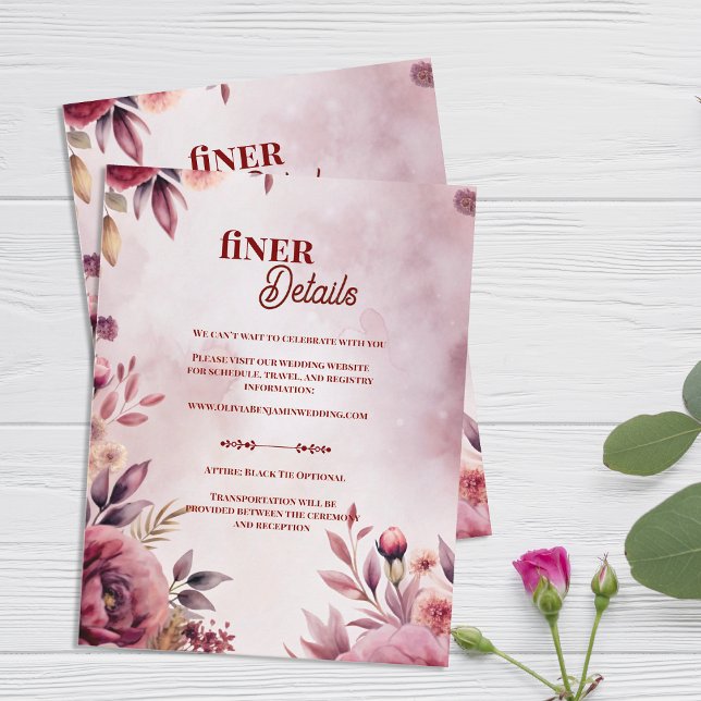 Tarjeta De Recepción Romantic Pink Blush Floral Wedding Finer Details (Blush Floral Wedding Finer Details Card | Romantic Pink Botanical Enclosure)