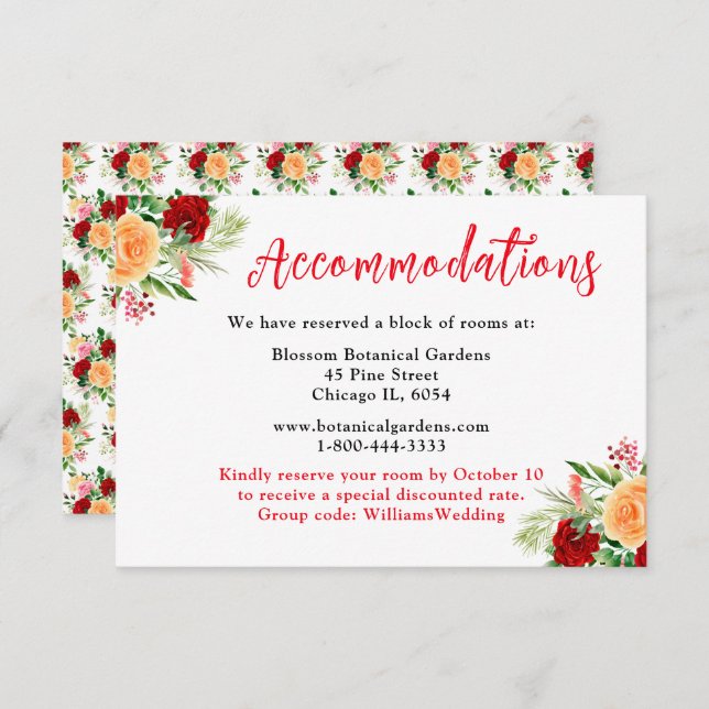 Tarjeta De Recepción Romantic Roses Floral Wedding Accommodations (Anverso / Reverso)