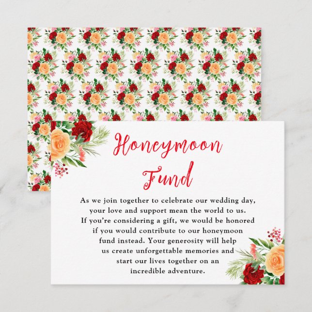 Tarjeta De Recepción Romantic Roses Floral Wedding Honeymoon Fund (Anverso / Reverso)