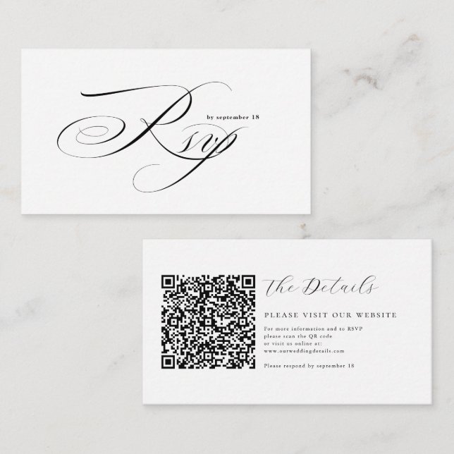Tarjeta De Recepción Romantic Script Calligraphy QR Code Wedding RSVP (Anverso / Reverso)