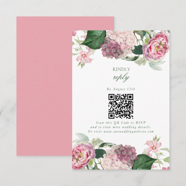 Tarjeta De Recepción Romántica acuarela Flores rosadas Boda Jardín (Anverso / Reverso)
