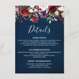 Tarjeta De Recepción Romántico Aquarela Rojo Burdeos Azul Marino Floral