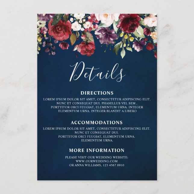 Tarjeta De Recepción Romántico Aquarela Rojo Burdeos Azul Marino Floral (Anverso)