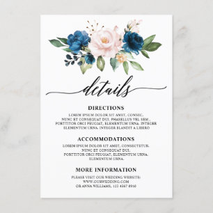 Tarjeta De Recepción Romántico Aquarela Rosa Floral Azul Marino Rubor