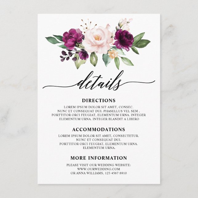 Tarjeta De Recepción Romántico Aquarela Rosa Floral de Ciruela Púrpura (Anverso)