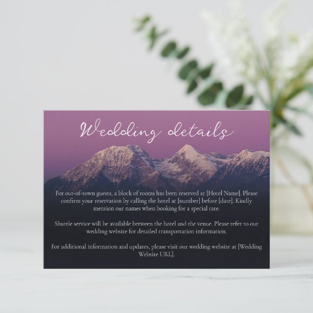 Tarjeta De Recepción Romántico boda de montañas nevadas púrpura (Anverso de pie)