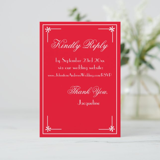 Tarjeta De Recepción Romántico Chic de Boda Roja con Guión Blanco RSVP (Anverso de pie)