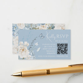 Tarjeta De Recepción Romántico Dusty Blue Floral Wedding RSVP Código QR