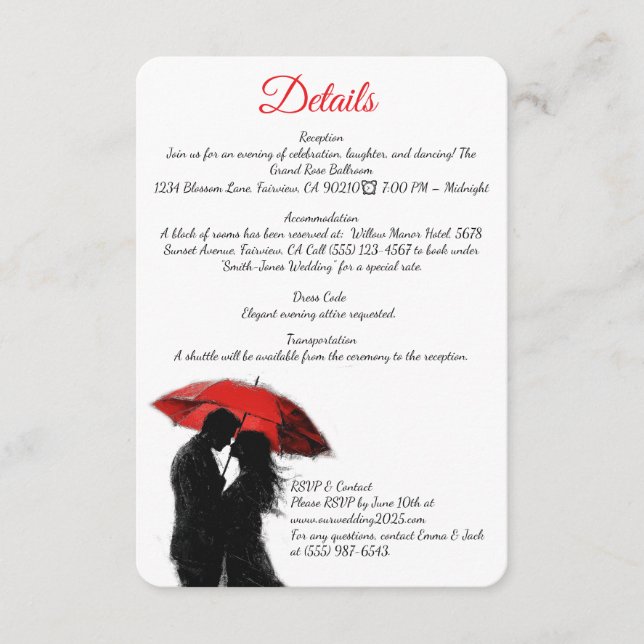 Tarjeta De Recepción Romántico parisino Red Umbrella Love Silhouette (Anverso)