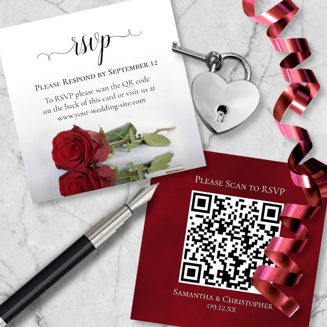 Tarjeta De Recepción Romántico Red Rose Wedding RSVP Código QR (Front/Back)