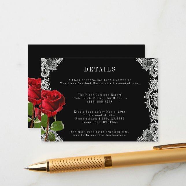 Tarjeta De Recepción Romántico Rosa Rojo Hermoso Boda de encaje blanco (Anverso/Reverso In Situ)