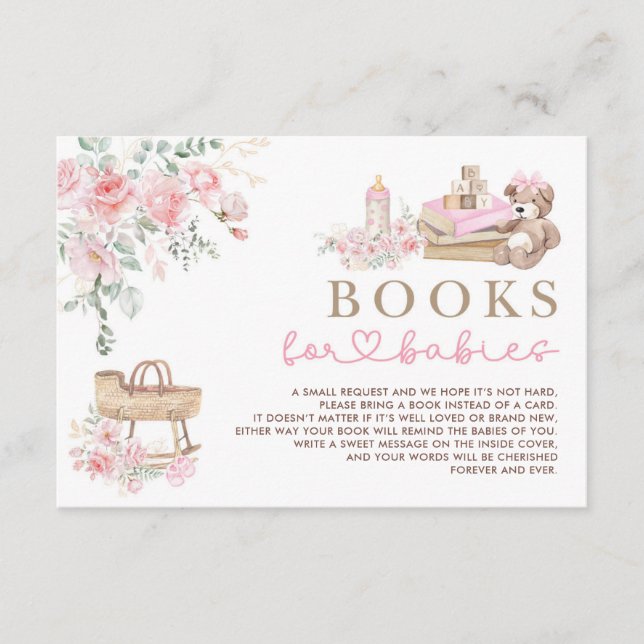 Tarjeta De Recepción Ropa de bebé floral rosa libros para gemelas (Anverso)