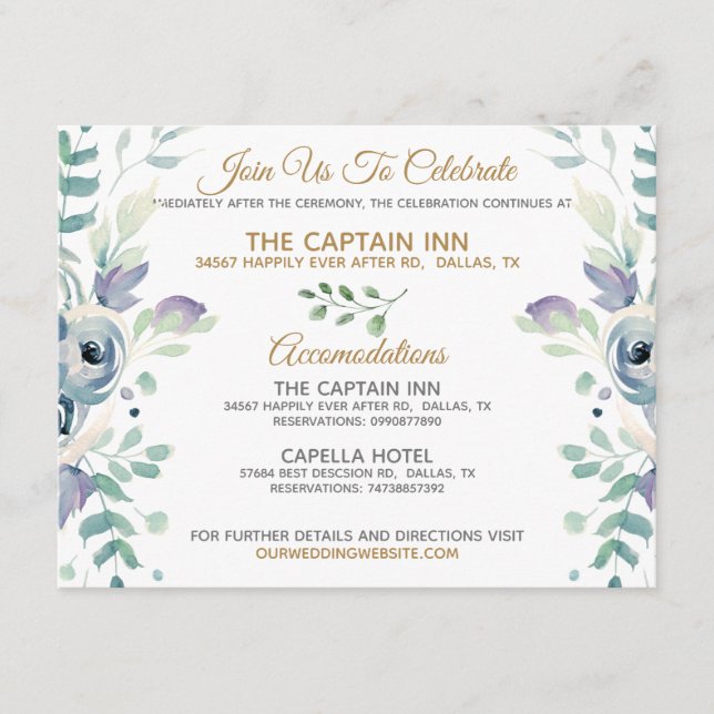 Tarjeta De Recepción Rosa azul Boda floral Información (Anverso)