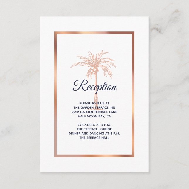 Tarjeta De Recepción Rosa Azul Dorado Copper Palm Tree Wedding Recepció (Anverso)
