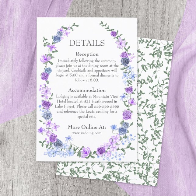 Tarjeta De Recepción Rosa azul violeta Boda de vid en el jardín (purple, lavender, dusty blue mixed floral patterns, rose vines, bouquets wedding details enclosure )