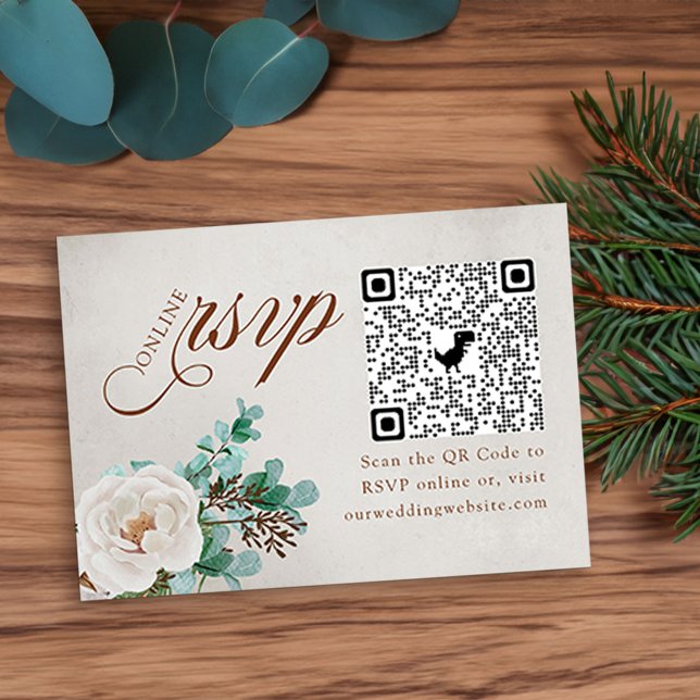 Tarjeta De Recepción Rosa blanca y Eucalyptus Código QR RSVP en línea (Winter Wedding Online RSVP Card with QR code, elegant calligraphy, white rose and eucaluptus)