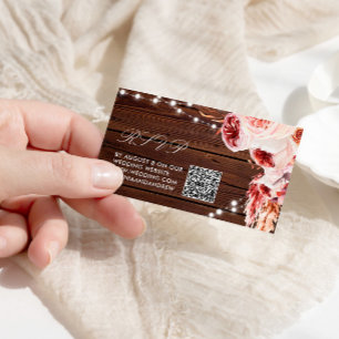 Tarjeta De Recepción Rosa bohemio Rústico Boda de madera QR Código RSVP