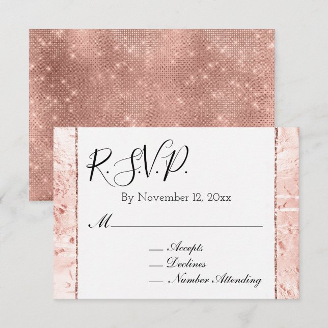 Tarjeta De Recepción Rosa Champagne Rosa Glam Brillo RSVP (Anverso / Reverso)