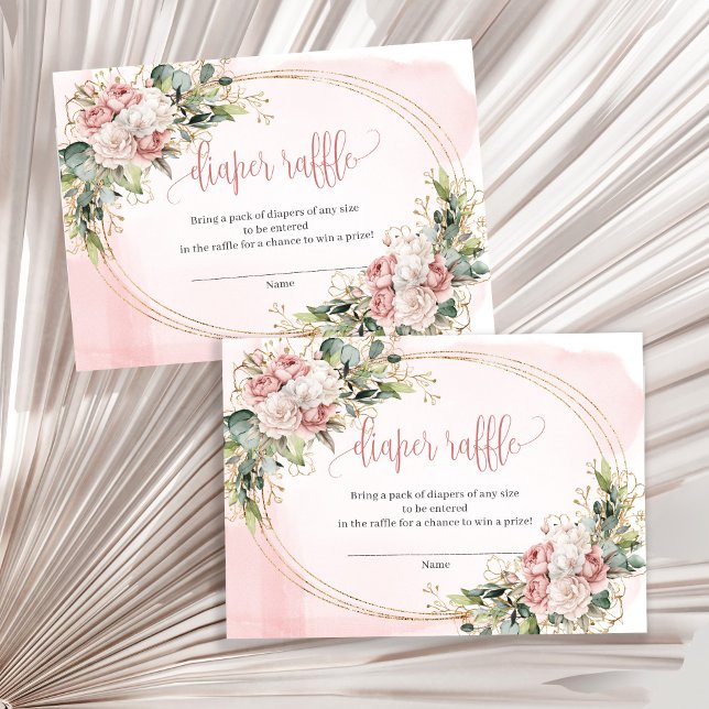 Tarjeta De Recepción Rosa Chic Oro Flores Verde Diaper Raffle (Chic Rose Gold Flowers Greenery Diaper Raffle)