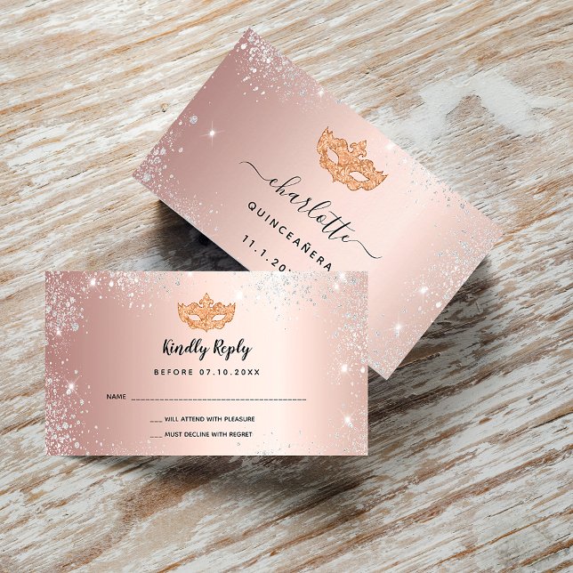Tarjeta De Recepción Rosa de cumpleaños de oro máscaras de plata RSVP (Subido por el creador)