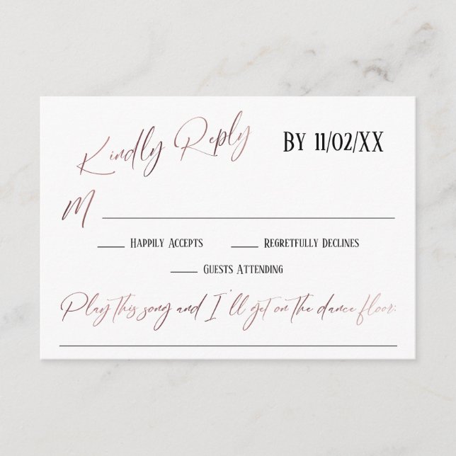 Tarjeta De Recepción Rosa de escritura a mano Gold Solicitud de canción (Anverso)