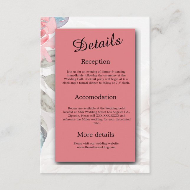 Tarjeta De Recepción Rosa de flores de acuarela floral peony boda (Anverso)