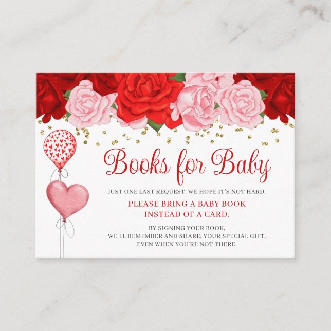 Tarjeta De Recepción Rosa de globos de San Valentín libros para bebé (Anverso)