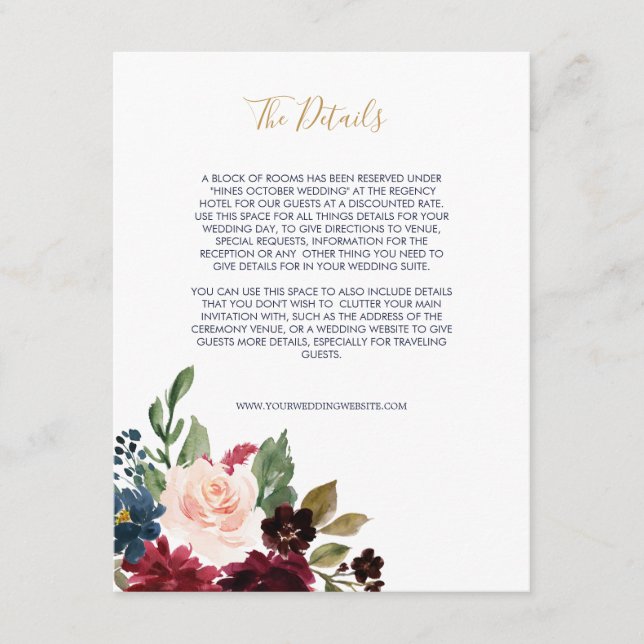 Tarjeta De Recepción Rosa de la Marina Borgoña Boda Floral III (Anverso)