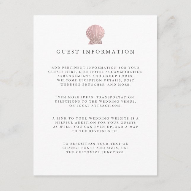 Tarjeta De Recepción Rosa de oro boda costero Seashell Detalles (Anverso)