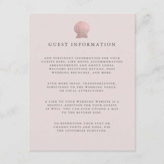 Tarjeta De Recepción Rosa de oro boda costero Seashell Detalles (Anverso)