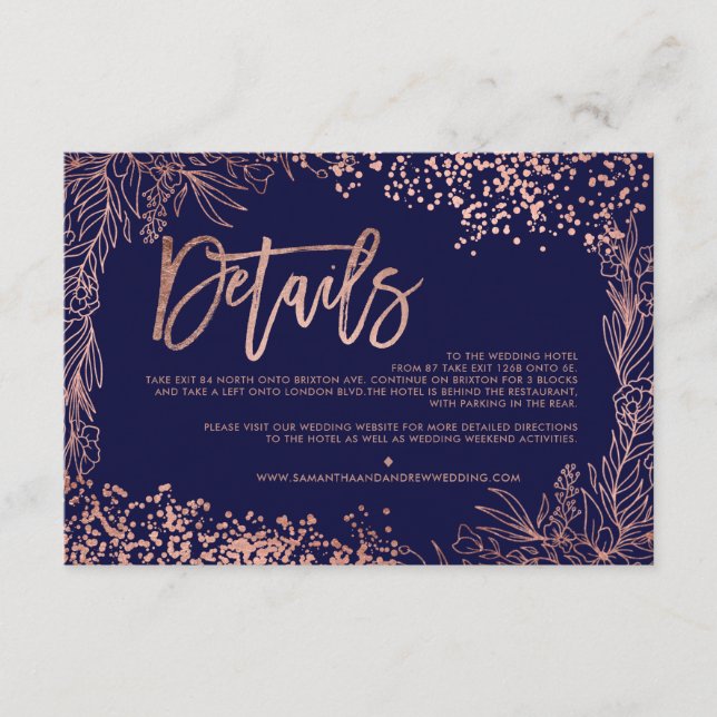 Tarjeta De Recepción Rosa de oro confetti floral boda dirección (Anverso)