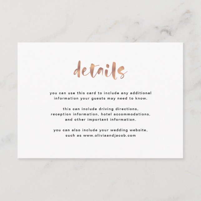 Tarjeta De Recepción Rosa de oro elegante básico | Detalles del invitad (Anverso)