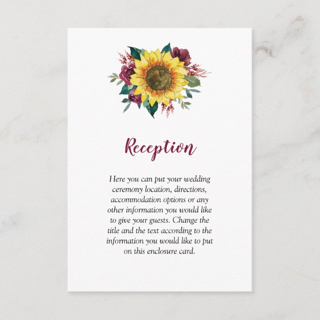 Tarjeta De Recepción Rosa de Sunflower Burgundy Boda Floral (Anverso)