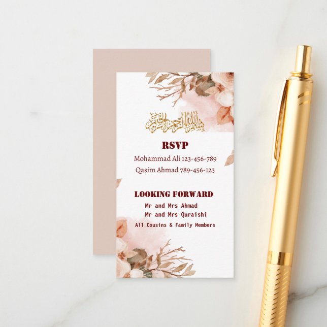 Tarjeta De Recepción Rosa Floral de oro Walima Boda islámico (Anverso/Reverso In Situ)