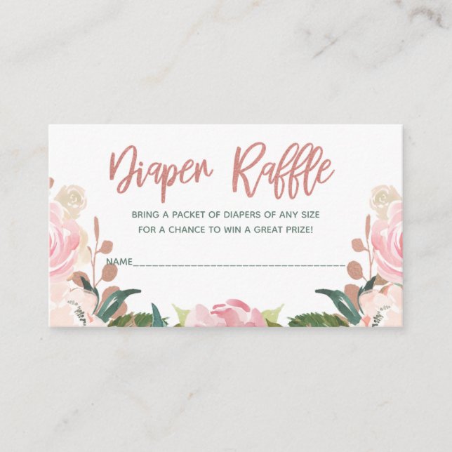Tarjeta De Recepción Rosa floral oro Baby Shower Diaper Raffle Insert (Anverso)