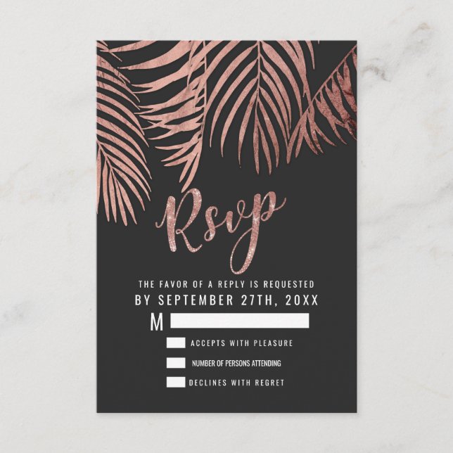 Tarjeta De Recepción Rosa Gold Palm Tree Fronds Black Modern RSVP (Anverso)