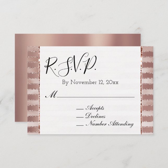 Tarjeta De Recepción Rosa Gold Rubor Bandas rosadas Glitz Wedding RSVP (Anverso / Reverso)
