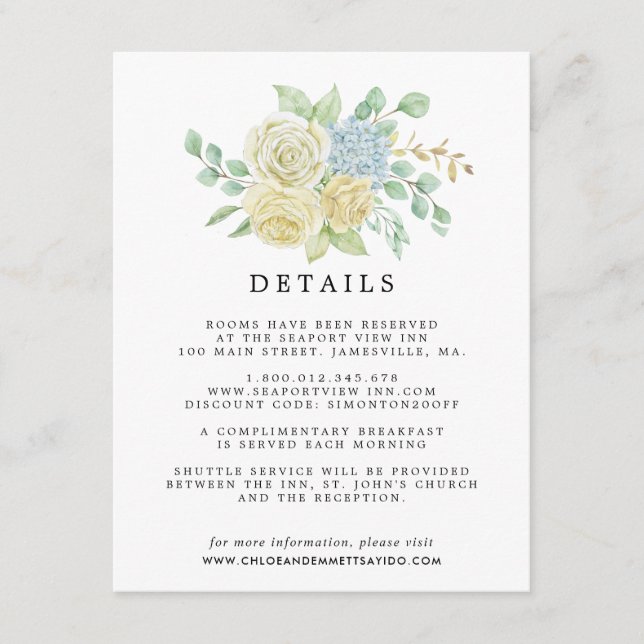 Tarjeta De Recepción Rosa Hydrangea Boda Floral Detalles del invitado (Anverso)