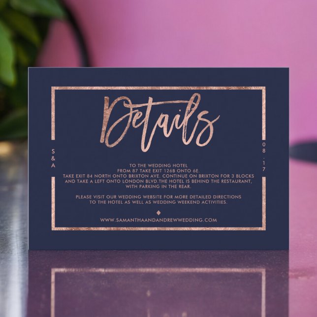 Tarjeta De Recepción Rosa oro azul marino guión azul dirección boda (Rose gold navy blue script wedding direction enclosure card)