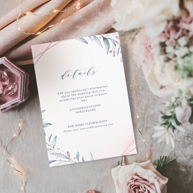 Tarjeta De Recepción Rosa Oro Dusty Blue Greenery Boda Geométrico (Rose Gold Dusty Blue Greenery Geometric Wedding Enclosure Card)