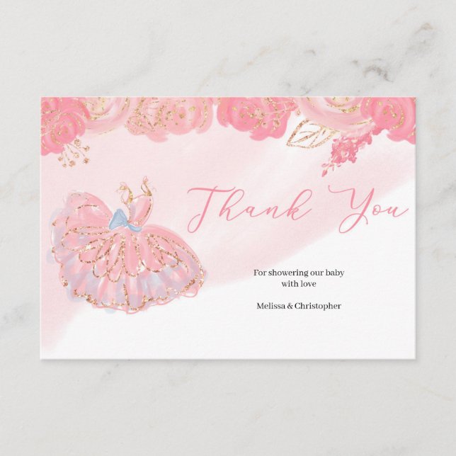 Tarjeta De Recepción Rosa oro tutu ballerina floral rosa gracias (Anverso)