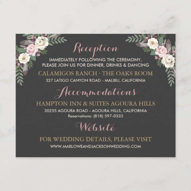 Tarjeta De Recepción Rosa oscuro y amoroso Boda del Boho floral rosa (Anverso)
