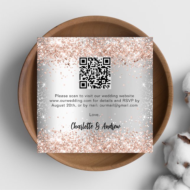 Tarjeta De Recepción Rosa plateado de oro de código QR boda RSVP (Subido por el creador)