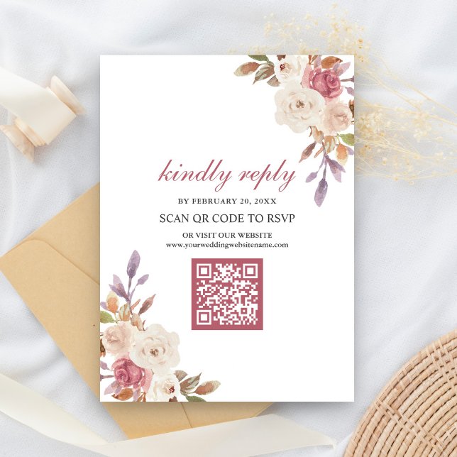 Tarjeta De Recepción Rosa Polvo Floral rosa Código QR Código RSVP Boda (Subido por el creador)