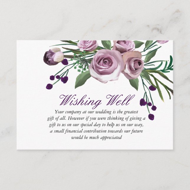Tarjeta De Recepción Rosa púrpura Boda floral Wish Well (Anverso)
